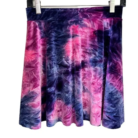 Velvet Tie Dye Skater Skirt Pink Purple Blue Flared A-Line Mini - Picture 3 of 6